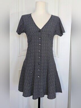 Vintage Esprit Baby Doll Dress Black and White Print Button Down Front Women XS